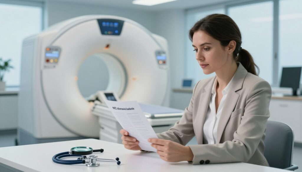 A serene medical office scene featuring a woman in professional business attire, seated at a desk, reviewing a document labeled "NFZ skierowanie badanie" with a thoughtful expression. In the foreground, a magnifying glass and a stethoscope rest on the desk to emphasize the medical theme. The middle area showcases a modern MRI machine, sleek and well-lit, giving a sense of advanced technology and cleanliness. In the background, a calming color palette of soft blues and whites creates a tranquil atmosphere, with large windows allowing natural light to filter in. The mood is professional yet approachable, inviting viewers to learn more about medical procedures in Poland.