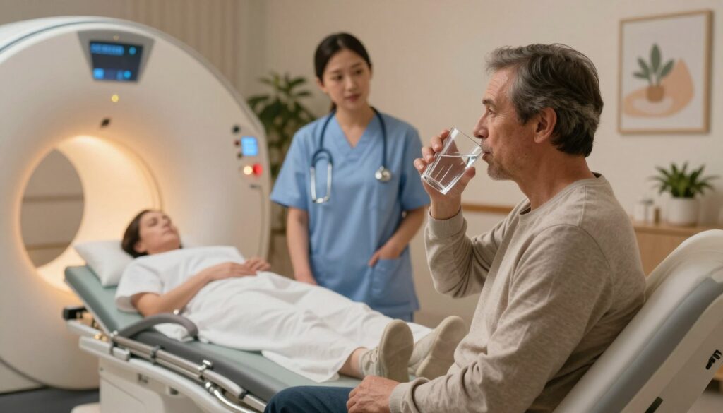 A serene medical setting depicting a patient sitting comfortably in a cozy recovery room after a contrast MRI. In the foreground, the patient, a middle-aged person in modest casual clothing, calmly sipping water from a clear glass, illustrating the importance of hydration. In the middle background, a nurse or healthcare professional observes attentively, ready to assist, with medical equipment gently lit to evoke a sense of safety and care. The lighting is soft and warm, creating a soothing atmosphere. The overall mood conveys recovery, health, and the return to routine activities. The backdrop includes comforting decor elements like plants and artwork, enhancing the inviting environment of post-procedure recovery.