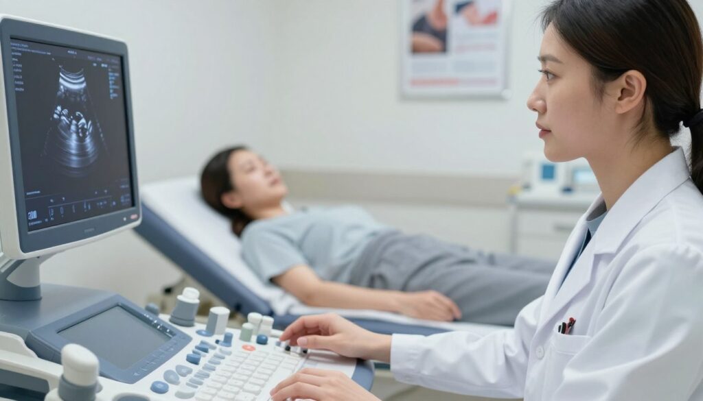 A serene medical setting featuring a close-up view of an ultrasound machine in operation, with a gentle focus on the ultrasound screen displaying a clear image of a female reproductive system. In the foreground, a female healthcare professional dressed in a white lab coat attentively monitors the screen, her expression thoughtful and professional. In the middle ground, a patient, wearing modest casual clothing, lies comfortably on an examination table, giving an impression of reassurance. The background contains soft lighting, creating a calm atmosphere, with medical posters and equipment subtly arranged. The overall mood is informative and professional, evoking a sense of trust and clarity in medical practice. A serene medical setting featuring a close-up view of an ultrasound machine in operation, with a gentle focus on the ultrasound screen displaying a clear image of a female reproductive system. In the foreground, a female healthcare professional dressed in a white lab coat attentively monitors the screen, her expression thoughtful and professional. In the middle ground, a patient, wearing modest casual clothing, lies comfortably on an examination table, giving an impression of reassurance. The background contains soft lighting, creating a calm atmosphere, with medical posters and equipment subtly arranged. The overall mood is informative and professional, evoking a sense of trust and clarity in medical practice.