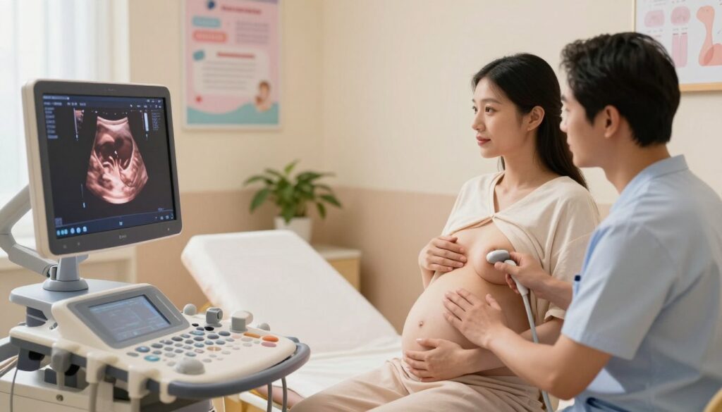 A serene medical setting featuring a pregnant woman sitting comfortably on an examination table, dressed in a modest hospital gown. A skilled healthcare professional is performing a breast ultrasound, focusing on the ultrasound device and the woman's gently rounded belly. In the foreground, the ultrasound machine displays a clear image of the breast tissues in a realistic manner. The background captures soft, warm lighting that creates a calm and reassuring atmosphere, with pastel-colored medical posters and a gentle plant in the corner. The angle emphasizes the connection between the healthcare provider and the patient, highlighting professionalism and care during pregnancy and breastfeeding.