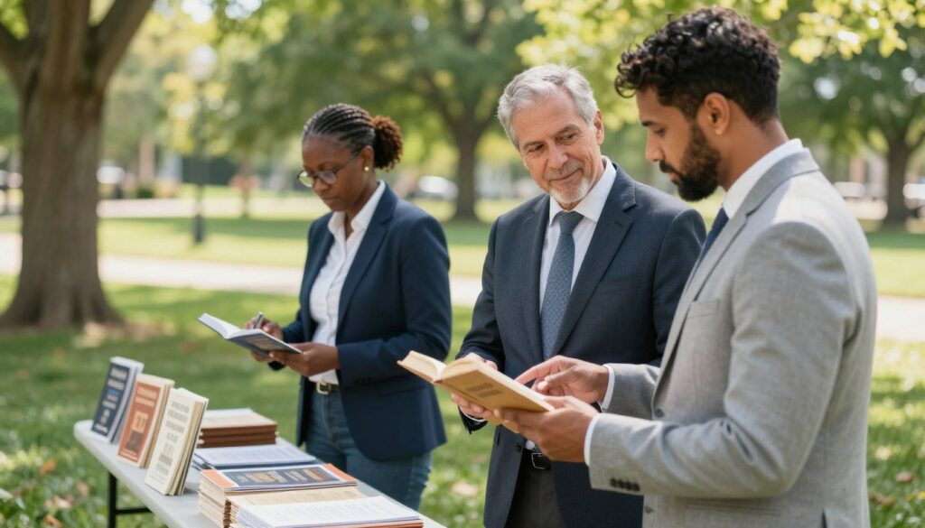 A serene outdoor scene featuring a group of Jehovah's Witness pioneers engaged in their full-time ministry. In the foreground, two individuals in professional business attire are discussing literature, conveying a sense of camaraderie and purpose. In the middle ground, a small table is set up with religious publications and pamphlets, highlighting their dedicated service. The background shows a sunny park with lush greenery and trees, creating a peaceful and inviting atmosphere. Soft, natural lighting illuminates the scene, with a focus on the pioneers’ expressions of dedication and sincerity. The angle captures both the subjects and the inviting surroundings, emphasizing their commitment to their faith and community service. The overall mood is uplifting and inspiring, reflecting their mission and values.