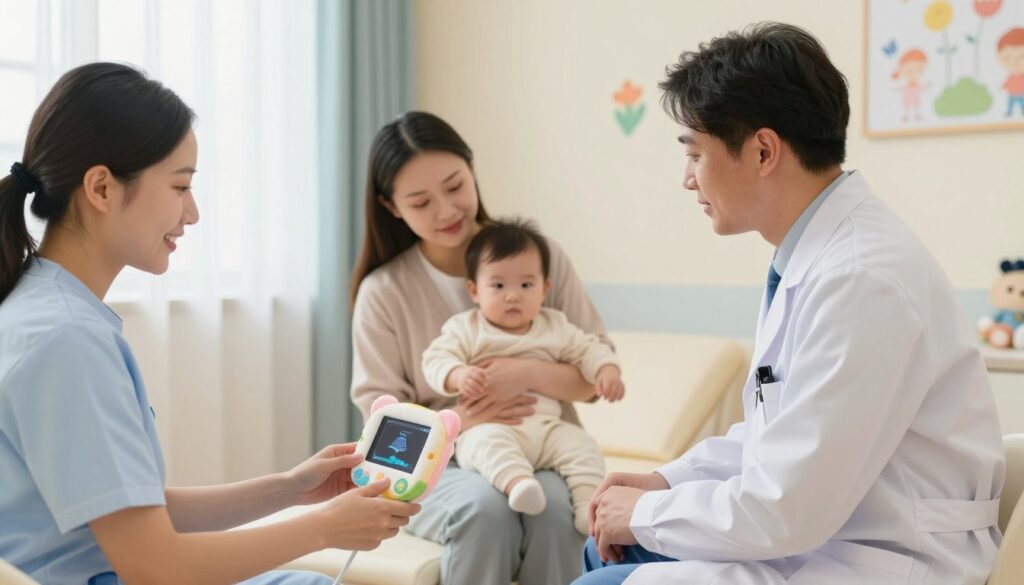 A serene pediatric clinic room, softly illuminated with natural light filtering through sheer curtains. In the foreground, a smiling nurse gently prepares a small, plush ultrasound device, displaying colorful, child-friendly designs. In the middle, a parent cradles an infant dressed in cozy, modest attire, while a doctor, in a professional white coat, kneels down to speak reassuringly with the child, fostering a warm atmosphere. The background features calming pastel-colored walls adorned with cheerful artwork, contributing to a nurturing environment. The overall mood is one of comfort and professionalism, emphasizing care and preparation for a healthy examination, focusing on the bond between the caregiver, the parent, and the child. The angle is slightly elevated to capture the interaction and setting harmoniously.