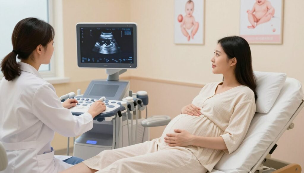 A serene prenatal ultrasound room with a pregnant woman in a comfortable clinic gown, seated on a medical examination bed. In the foreground, a healthcare professional, dressed in a white lab coat and scrubs, prepares equipment for the ultrasound, showcasing professionalism and care. The middle ground features a high-tech ultrasound machine with a monitor displaying the baby's silhouette, indicating the prenatal examination process. The background is softly lit, adorned with calm, pastel-colored walls and posters illustrating baby development, creating a soothing atmosphere. The lighting is gentle and warm, enhancing the feeling of safety and support in the clinical environment. The overall mood conveys anticipation and reassurance for the expecting mother.