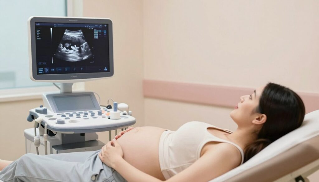 A serene prenatal ultrasound scene representing the second trimester of pregnancy, showcasing a pregnant woman in professional, modest casual clothing lying on an examination table in a well-lit medical room. The ultrasound machine is positioned beside her, with a monitor displaying a clear image of a developing fetus. The background features soft pastel colors and medical instruments arranged neatly, conveying a calm and reassuring atmosphere. Soft diffused lighting highlights the gentle expressions on the woman’s face, reflecting emotions of hope and anticipation. The perspective is slightly above the table, focusing on the mother and ultrasound monitor, creating an intimate yet professional setting, emphasizing the importance of prenatal care during the second trimester.