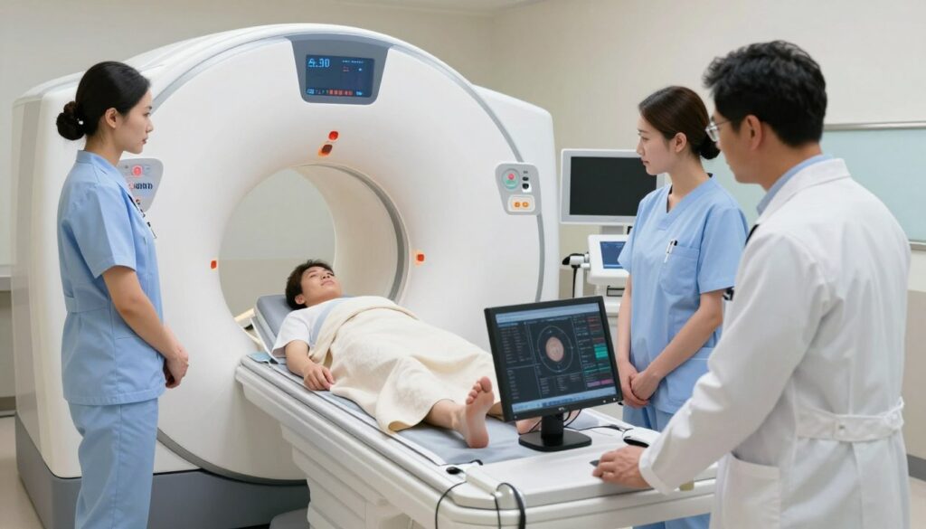 A serene, professional medical imaging room featuring a state-of-the-art MRI scanner designed for a whole-body scan. In the foreground, a diverse group of medical professionals, including a male doctor and a female nurse in professional attire, reviewing patient data on a monitor. The middle ground shows a patient comfortably lying on the MRI table, covered with a light blanket, looking relaxed and reassured. The background displays the advanced MRI machine, light blue and silver in color, with soft ambient lighting enhancing the calm atmosphere. Captured from an angle that highlights both the scanner and the medical team, the image conveys a sense of professionalism, safety, and cutting-edge medical technology, suitable for illustrating the process of a whole-body MRI scan.