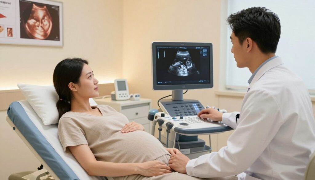 A serene, professional prenatal ultrasound setting capturing a doctor and a patient at 11-14 weeks of pregnancy. In the foreground, a focused, male doctor in smart casual attire, examining an ultrasound monitor with a look of concentration. The middle features a pregnant woman in modest attire, reclining comfortably on an examination bed, gazing at the monitor with a blend of anticipation and curiosity. The background is softly illuminated with warm lighting, showcasing medical equipment and diagrams of fetal development hanging on the walls. The atmosphere is calm and supportive, evoking a sense of hope and professionalism in this important moment. The composition is slightly angled to allow a clear view of the monitor displaying the developing embryo, capturing the essence of maternal care and medical expertise.
