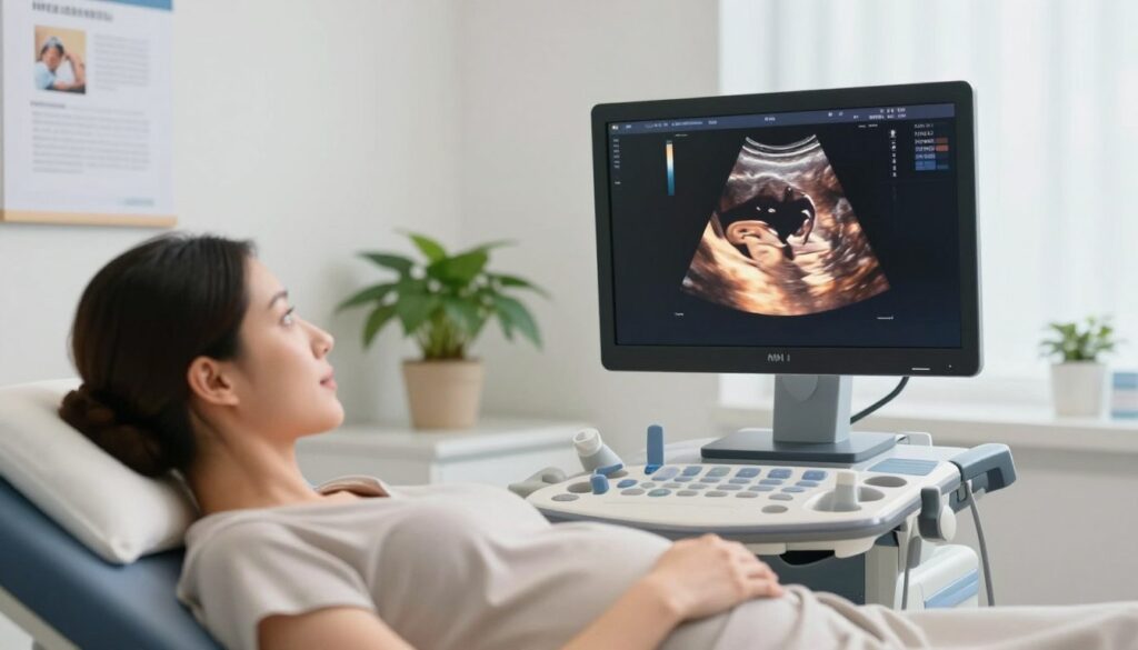 A serene, professional setting displaying a 14-week pregnancy ultrasound in a bright, softly lit medical room. In the foreground, a young woman in a modest, casual outfit is lying on an examination table, looking at the monitor with a mix of excitement and curiosity. In the middle, the large ultrasound screen shows a clear view of a developing fetus, highlighting its features with soft, warm colors. The background includes medical charts on the wall, a potted plant for a touch of warmth, and equipment subtly arranged to enhance the clinical environment. The atmosphere is calm and hopeful, capturing a moment of anticipation as the woman begins her second trimester. The angle is slightly tilted downwards towards the monitor, emphasizing the ultrasound's detailed imagery.