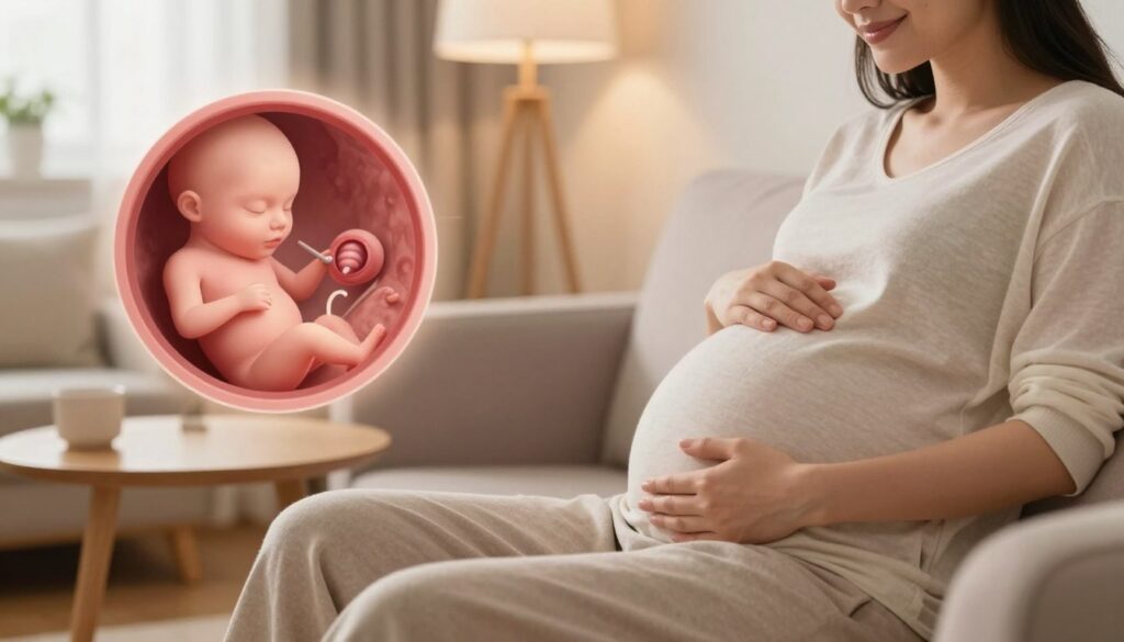 A serene scene depicting the early signs of pregnancy in a woman in her fifth week. In the foreground, a woman dressed in modest casual clothing sits on a comfortable sofa, her hand gently resting on her belly, reflecting her sense of wonder and anticipation. In the middle ground, illustrations of a gestational sac and yolk sac are softly highlighted, perhaps on a small side table, representing the early stages of fetal development. The background features a warm, inviting living space, with soft lighting illuminating the scene, creating a calm and nurturing atmosphere. The composition should inspire feelings of hope and joy, capturing the essence of early motherhood without distractions or text. A serene scene depicting the early signs of pregnancy in a woman in her fifth week. In the foreground, a woman dressed in modest casual clothing sits on a comfortable sofa, her hand gently resting on her belly, reflecting her sense of wonder and anticipation. In the middle ground, illustrations of a gestational sac and yolk sac are softly highlighted, perhaps on a small side table, representing the early stages of fetal development. The background features a warm, inviting living space, with soft lighting illuminating the scene, creating a calm and nurturing atmosphere. The composition should inspire feelings of hope and joy, capturing the essence of early motherhood without distractions or text.