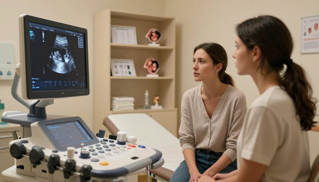 A serene, softly lit medical examination room, featuring a state-of-the-art ultrasound machine in the foreground. The focus is on a screen displaying a non-detailed ultrasound image, symbolizing the concept of early pregnancy and absence of the embryo. In the middle ground, a concerned yet hopeful woman dressed in modest casual clothing sits beside the machine, looking at the screen with a gentle expression of contemplation. In the background, shelves are neatly organized with medical charts and fetal development models, adding depth and context to the setting. The lighting is warm and inviting, creating an atmosphere of reassurance and professionalism, with a slight vignette effect to emphasize the subject. A serene, softly lit medical examination room, featuring a state-of-the-art ultrasound machine in the foreground. The focus is on a screen displaying a non-detailed ultrasound image, symbolizing the concept of early pregnancy and absence of the embryo. In the middle ground, a concerned yet hopeful woman dressed in modest casual clothing sits beside the machine, looking at the screen with a gentle expression of contemplation. In the background, shelves are neatly organized with medical charts and fetal development models, adding depth and context to the setting. The lighting is warm and inviting, creating an atmosphere of reassurance and professionalism, with a slight vignette effect to emphasize the subject.