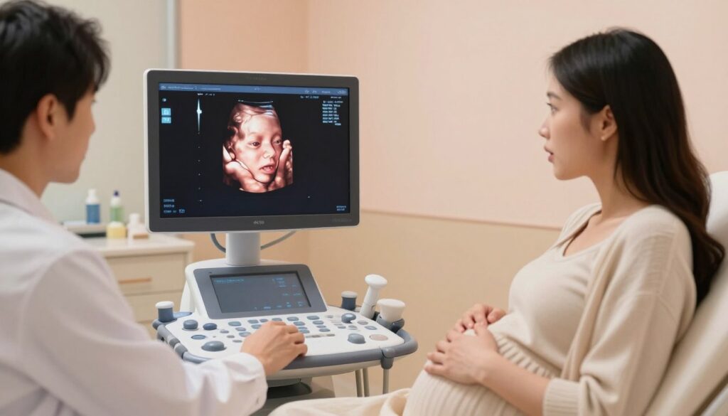 A serene, softly lit medical examination room featuring an advanced 3D ultrasound machine displaying a vivid 3D image of a fetus, showing its intricate details and realistic features. In the foreground, a healthcare professional in a lab coat, gently guiding an expectant mother, who is wearing comfortable, modest attire, to observe the screen. The mother looks amazed and emotional, her hand resting on her belly. The background includes subtle medical equipment and calming pastel-colored walls. The lighting is warm and inviting, enhancing the atmosphere of hope and joy that surrounds this special moment in pregnancy. The angle captures both the screen and the faces of the mother and professional, emphasizing the connection and realism of the ultrasound experience.