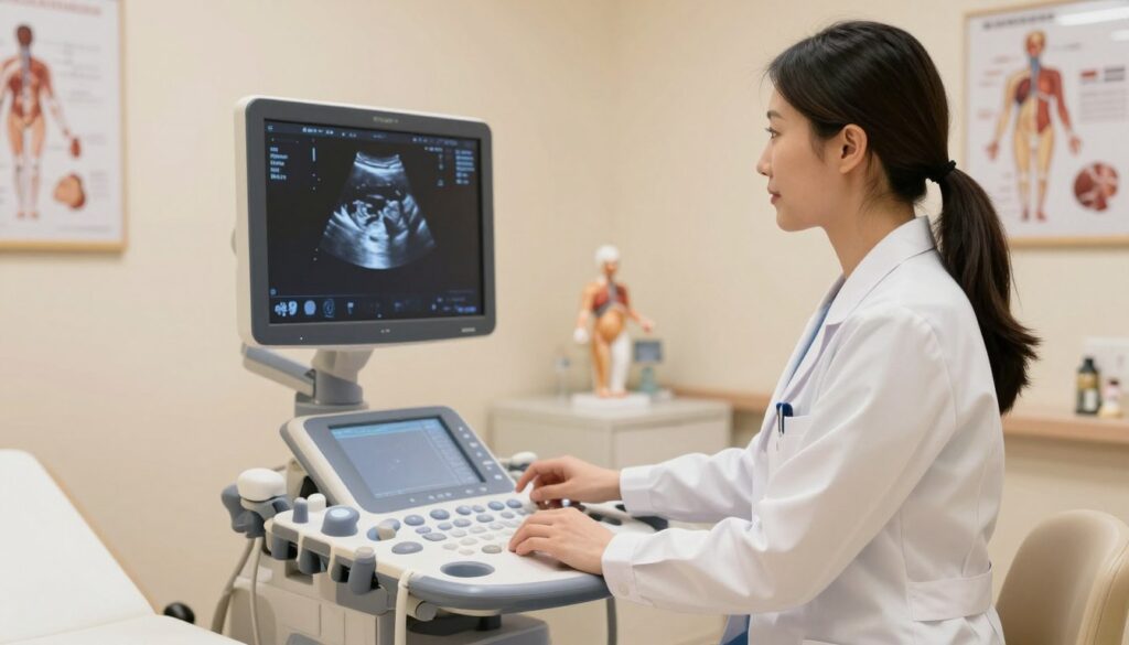A serene, softly lit medical examination room with warm, inviting tones. In the foreground, a professional female doctor in a lab coat stands beside an ultrasound machine, preparing it for a procedure. She is focused and approachable, embodying trust and care. The middle ground features the ultrasound screen displaying the early signs of a pregnancy, showcasing a softly blurred image of a fetus. In the background, there are anatomical models and medical posters that enhance the medical atmosphere without being distracting. The lighting is gentle, creating a calming effect, and the angle is slightly elevated to capture the depth of the room. The overall atmosphere conveys a sense of hope and professionalism, suited for a welcoming prenatal care environment.