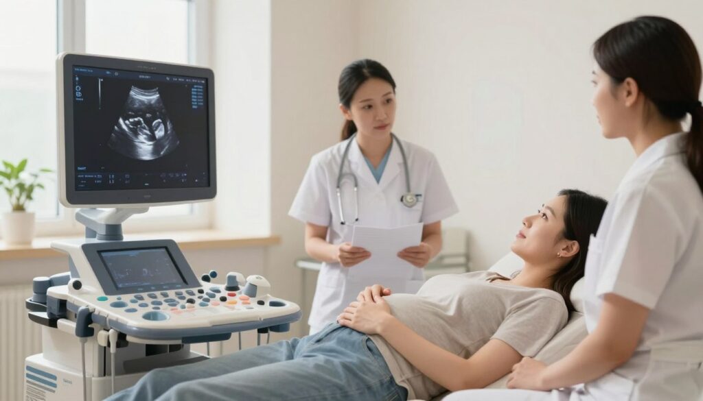 A serene ultrasound examination room bathed in soft, natural light, showcasing a clear, detailed image of a developing fetus at 16 weeks gestation on an ultrasound screen. In the foreground, the ultrasound machine with its sleek design and monitor displaying the image prominently. In the middle ground, a 30-something woman in modest casual clothing lies comfortably on the examination table, gently holding her belly, her expression a mix of wonder and anticipation. In the background, a healthcare professional in professional attire, attentively reviewing the ultrasound image. The atmosphere is calm and supportive, evoking a sense of care and curiosity about the baby's growth and the experience of the ultrasound.