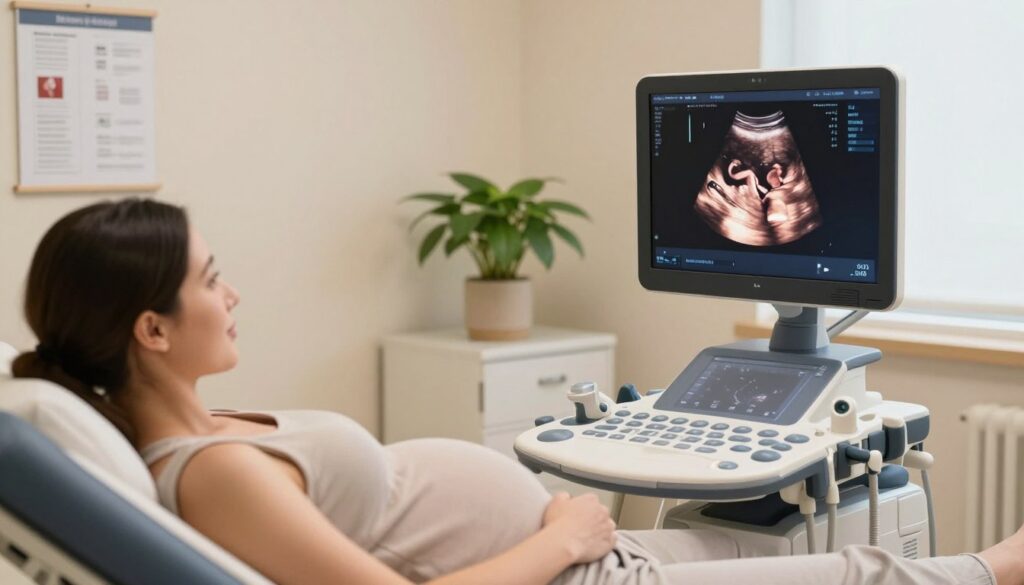 A serene ultrasound room featuring a pregnant woman, approximately 14 weeks along, lying comfortably on an examination table. The ultrasound machine displays clear images of the developing fetus on the monitor, showcasing the early stages of pregnancy with visible features like limbs and a small head. The woman, dressed in modest, casual attire, gazes at the screen with a look of anticipation and joy. Soft, natural lighting filters into the room, creating a calming atmosphere. In the background, elements like medical charts, a potted plant, and soothing wall colors enhance the peaceful setting, while the angle captures the ultrasound monitor in focus alongside the patient, embodying the experience of the examination.