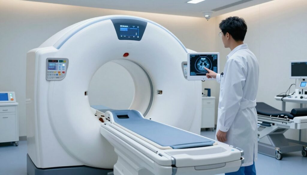 A sleek and modern computed tomography (CT) scanner in a well-lit medical imaging room, showcasing its circular design and intricate internal mechanisms. In the foreground, a professional healthcare provider in a lab coat stands beside the scanner, attentively pointing to a digital display showing a CT scan image, emphasizing the safe usage of radiation technology. The middle ground features medical equipment and a comfortable patient gurney, while the background is adorned with soft, ambient lighting that creates a calm and reassuring atmosphere. The color palette includes cool blues and whites, symbolizing cleanliness and safety. The perspective is slightly angled from the side, focusing on both the scanner and the healthcare provider, instilling trust and professionalism regarding radiation in medical imaging.