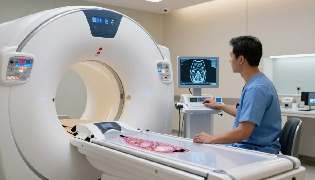 A sleek, modern MRI machine dominates the foreground, gleaming with metallic surfaces reflecting soft, ambient lighting. A professional technician, wearing scrubs and a lab coat, is positioned beside the machine, attentively observing a digital monitor displaying a detailed MRI scan of human soft tissues. The technician's focused expression conveys expertise and care. In the middle ground, a partially transparent overlay illustrates various soft tissue structures, such as muscles and organs, showcasing their intricate details in vibrant colors. The background is a serene medical environment with softly lit walls and medical equipment subtly blurred, enhancing the clinical atmosphere. The overall mood is one of precision and professionalism, emphasizing the sophistication of MRI technology and its importance in medical diagnostics. A sleek, modern MRI machine dominates the foreground, gleaming with metallic surfaces reflecting soft, ambient lighting. A professional technician, wearing scrubs and a lab coat, is positioned beside the machine, attentively observing a digital monitor displaying a detailed MRI scan of human soft tissues. The technician's focused expression conveys expertise and care. In the middle ground, a partially transparent overlay illustrates various soft tissue structures, such as muscles and organs, showcasing their intricate details in vibrant colors. The background is a serene medical environment with softly lit walls and medical equipment subtly blurred, enhancing the clinical atmosphere. The overall mood is one of precision and professionalism, emphasizing the sophistication of MRI technology and its importance in medical diagnostics.
