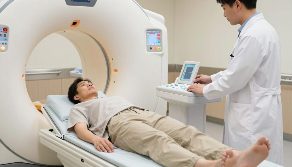 A step-by-step medical examination scene depicting a patient undergoing a CT scan in a professional healthcare setting. In the foreground, a patient in modest casual clothing lies on a hospital bed, looking calm and reassured. The middle ground features a CT scanner with distinct details like its circular opening and control panel. Nearby, a healthcare professional in a lab coat operates the machine, attentively explaining the procedure. In the background, softly lit clinical surroundings with medical equipment and a calming color scheme evoke a sense of safety and professionalism. The lighting is bright yet soft, emphasizing a sterile environment, while the angle captures the action from a slightly elevated perspective to showcase both the patient and the medical staff effectively. The atmosphere is one of trust and support, illustrating a seamless experience for the patient.