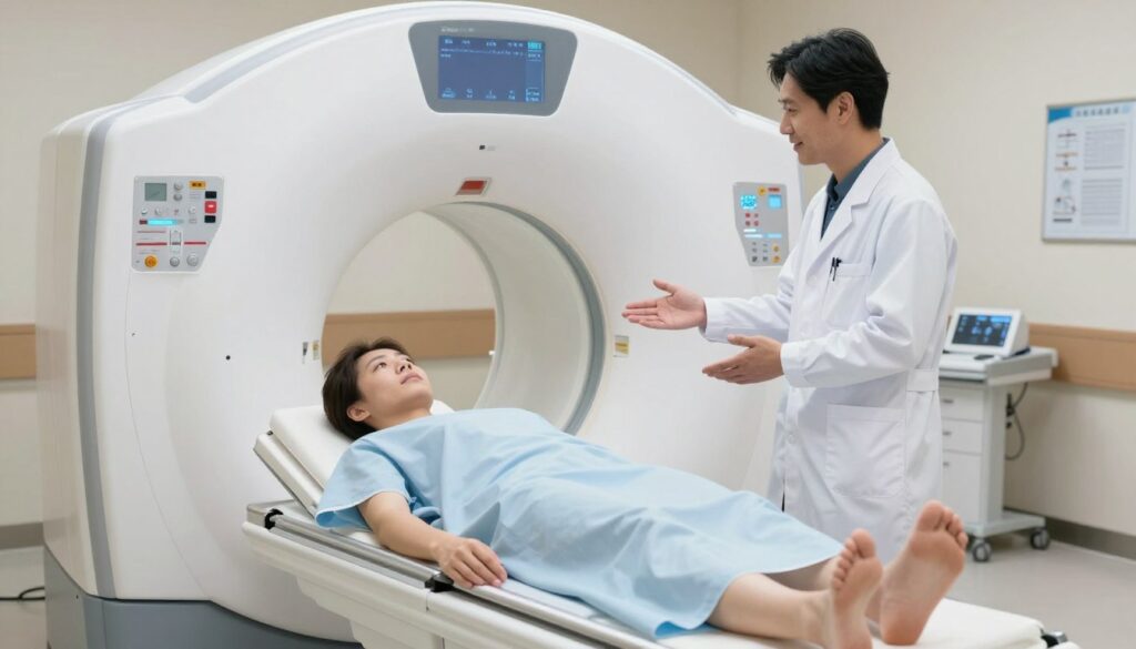 A step-by-step representation of an MRI procedure in a clinical setting. In the foreground, a patient in a hospital gown lies on an MRI examination table, looking relaxed yet slightly anxious. A healthcare professional in a lab coat stands nearby, explaining the process, demonstrating a friendly and supportive demeanor. In the middle ground, a modern MRI machine looms, showcasing its intricate design and technology, with clear glass panels that allow for visibility inside the cylinder. The background includes sterile, softly lit hospital decor, with medical charts and equipment subtly arranged. The lighting is bright yet calming, emphasizing a clean, professional atmosphere. The image conveys a sense of reassurance and clarity, making the viewer feel informed and at ease about the MRI experience.