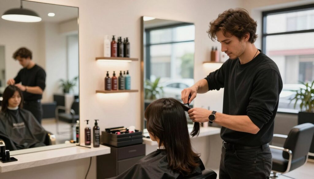 A stylish hair salon interior, showcasing a modern yet cozy ambiance. In the foreground, a professional hairstylist in smart casual attire is skillfully cutting a client's hair in a well-lit area. The stylist exudes confidence and experience, illustrating the theme of expertise. The middle ground features elegant salon chairs and mirrors, with various hair products neatly arranged on a stylish shelf, enhancing the sense of professionalism. In the background, large windows allow natural light to flood the space, creating a warm and inviting atmosphere. Soft, diffused lighting highlights the salon's chic decor, reflecting a focus on quality and customer satisfaction. The overall mood is friendly and upscale, emphasizing the importance of experience and reputation in determining a hairstylist's income.