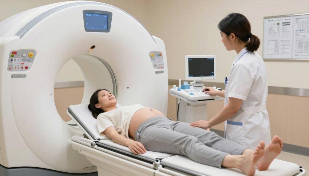 A tranquil MRI room is the primary setting, showcasing a modern magnetic resonance imaging machine. In the foreground, a pregnant woman, dressed in modest casual clothing, lies comfortably on the examination table, displaying a serene expression. The technician, wearing professional attire, is interacting with the machine, ensuring the woman's comfort and safety. Soft, diffused lighting illuminates the scene, creating a calm atmosphere. In the background, you can see medical charts and soft colors on the walls that evoke a soothing environment suitable for expecting mothers. The angle captures both the woman and the technician, emphasizing the supportive care aspect during the MRI process. The overall mood conveys safety and reassurance, highlighting the significance of MRI in pregnancy without compromising well-being. A tranquil MRI room is the primary setting, showcasing a modern magnetic resonance imaging machine. In the foreground, a pregnant woman, dressed in modest casual clothing, lies comfortably on the examination table, displaying a serene expression. The technician, wearing professional attire, is interacting with the machine, ensuring the woman's comfort and safety. Soft, diffused lighting illuminates the scene, creating a calm atmosphere. In the background, you can see medical charts and soft colors on the walls that evoke a soothing environment suitable for expecting mothers. The angle captures both the woman and the technician, emphasizing the supportive care aspect during the MRI process. The overall mood conveys safety and reassurance, highlighting the significance of MRI in pregnancy without compromising well-being.