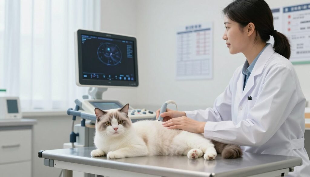 A veterinary clinic examination room, brightly lit with soft white overhead lights creating an inviting atmosphere. In the foreground, a veterinarian in a lab coat gently conducts an abdominal ultrasound on a calm domestic cat, using a modern ultrasound device. The cat lies comfortably on a padded examination table, its fur smooth and well-groomed, showing signs of relaxation. In the middle ground, visible veterinary equipment and charts are neatly arranged, adding professionalism to the scene. In the background, a window with sheer curtains lets in natural light, enhancing the serene mood. The overall image should convey a sense of care, precision, and reassurance associated with veterinary health examinations.