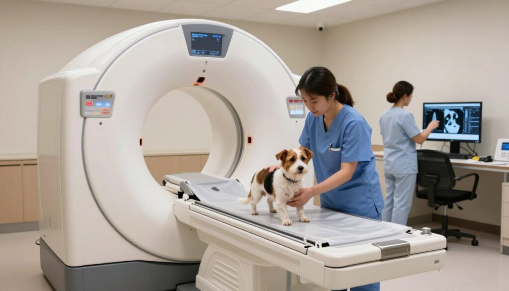 A veterinary clinic interior focused on a modern computed tomography (CT) scanner designed for animals, specifically a dog. In the foreground, a small breed dog is gently positioned on a CT scanning table, with a veterinarian wearing scrubs reassuring the pet. Soft, diffused lighting creates a calm and safe atmosphere, while the CT scanner, with its sleek, circular design, dominates the middle of the image. In the background, a medical team is preparing diagnostic images on a computer screen, showcasing the high-tech nature of veterinary diagnostic imaging. The overall mood is professional and caring, reflecting the importance of advanced imaging technology in animal health care, with neutral colors and minimal distractions.