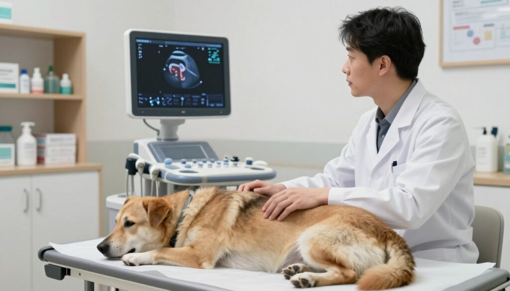 A veterinary ultrasound examination in a well-lit clinic, featuring a professional veterinarian in a white lab coat, gently conducting an abdominal ultrasound on a medium-sized dog lying comfortably on an examination table. The focus is on the ultrasound machine displaying a clear image of the dog's internal organs, with the veterinarian attentively observing the screen. The background includes shelves with veterinary supplies and a relaxing, sterile environment to reflect a medical setting. Soft, natural lighting enhances the atmosphere of care and professionalism, while the angle captures both the dog's profile and the technician's focused expression, emphasizing the importance of the ultrasound in assessing canine health.
