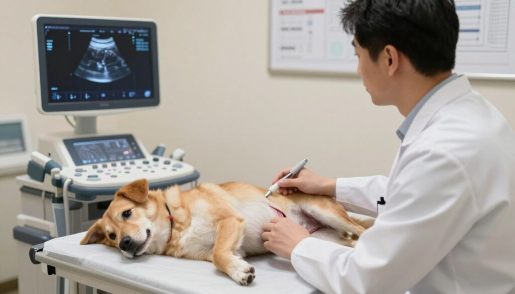 A veterinary ultrasound examination of a dog's abdomen focuses on the dog's body lying comfortably on a clean examination table. The veterinarian, dressed in a professional white coat, is carefully operating the ultrasound machine, showcasing the device with a visible screen displaying the dog's internal organs. Soft, diffused lighting fills the room, creating a calm and professional atmosphere. In the background, various veterinary equipment and charts can be seen, hinting at the clinical setting. The overall mood is compassionate and attentive, emphasizing the importance of veterinary care. The camera angle is slightly elevated, providing a clear view of the dog and its surroundings, capturing the essence of routine veterinary practice.