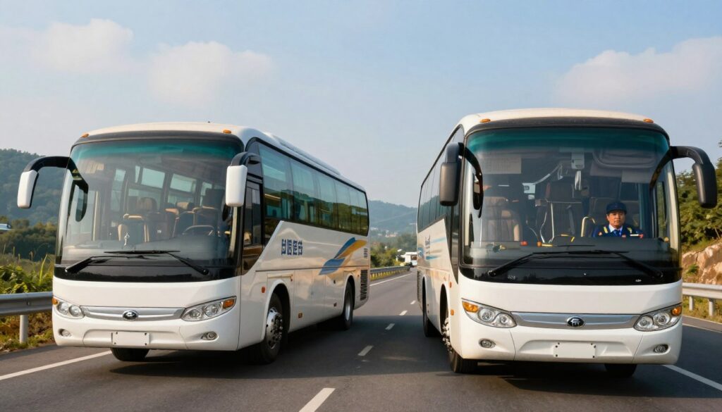 A vibrant scene depicting long-distance buses on a bustling highway, showcasing two distinct types of buses: a sleek, modern intercity coach with large windows and comfortable seating, and a traditional, slightly worn tourist bus with travel decals. In the foreground, an experienced bus driver in a professional uniform confidently navigates the intercity coach. The middle ground features the two buses side by side, illustrating the contrast between their designs. The background includes a scenic view of rolling hills and an expansive blue sky, emphasizing the journey aspect of long-distance travel. The composition is bathed in warm, natural lighting, evoking a sense of adventure and professionalism. The mood is energetic yet tranquil, capturing the essence of travel and the importance of bus drivers in the transportation industry. A vibrant scene depicting long-distance buses on a bustling highway, showcasing two distinct types of buses: a sleek, modern intercity coach with large windows and comfortable seating, and a traditional, slightly worn tourist bus with travel decals. In the foreground, an experienced bus driver in a professional uniform confidently navigates the intercity coach. The middle ground features the two buses side by side, illustrating the contrast between their designs. The background includes a scenic view of rolling hills and an expansive blue sky, emphasizing the journey aspect of long-distance travel. The composition is bathed in warm, natural lighting, evoking a sense of adventure and professionalism. The mood is energetic yet tranquil, capturing the essence of travel and the importance of bus drivers in the transportation industry.