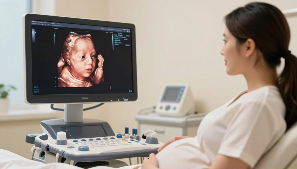 A vivid 3D ultrasound image of a pregnant woman in a serene, softly lit medical environment, capturing the intricate details of a developing fetus in the womb. The foreground features the expectant mother in a modest, professional attire, her expression reflecting warmth and anticipation. The middle layer highlights the ultrasound machine displaying a clear, realistic 3D image of the baby, emphasizing facial features and hand movements, illustrating the potential likeness to the child after birth. The background showcases a calming, light-colored clinical setting with subtle medical instruments and soft ambient lighting, enhancing the mood of tranquility and hope. The angle captures the scene from a perspective that indicates a professional examination while remaining respectful and focused on the medical experience.