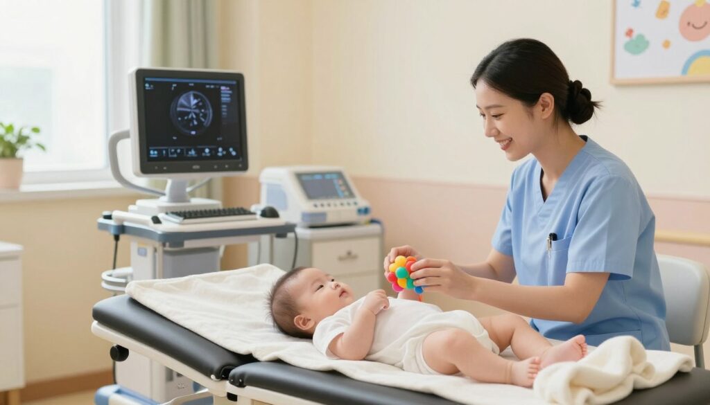 A warm and inviting pediatric clinic setting, focusing on a healthcare professional gently preparing an infant for a cranial ultrasound examination. In the foreground, a caring pediatric nurse, wearing scrubs and a friendly smile, holds a colorful toy to engage the baby. In the middle, a comfortable examination table is lined with soft blankets, and medical equipment is neatly arranged nearby. The background features pastel-colored walls with cheerful decorations, creating a soothing atmosphere. Soft, natural lighting filters in through a window, adding warmth to the scene. The overall mood is calm and reassuring, emphasizing the importance of comfort and care during medical procedures for infants.