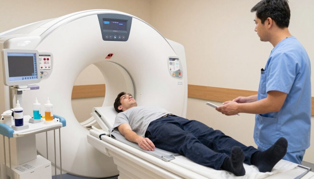 A well-lit hospital room with a focus on a patient preparing for an MRI scan, showing detailed medical equipment like the MRI machine and contrast solution in the foreground. The patient, in modest casual clothing, looks calm and is listening attentively to a healthcare professional explaining the process. The middle ground features medical charts and digital displays providing information about the procedure, while the background displays soothing colors and soft lighting to create a professional, reassuring atmosphere. The scene is captured from a slightly elevated angle, highlighting both the patient and the professional's interaction, conveying a sense of comfort and trust in the medical environment.