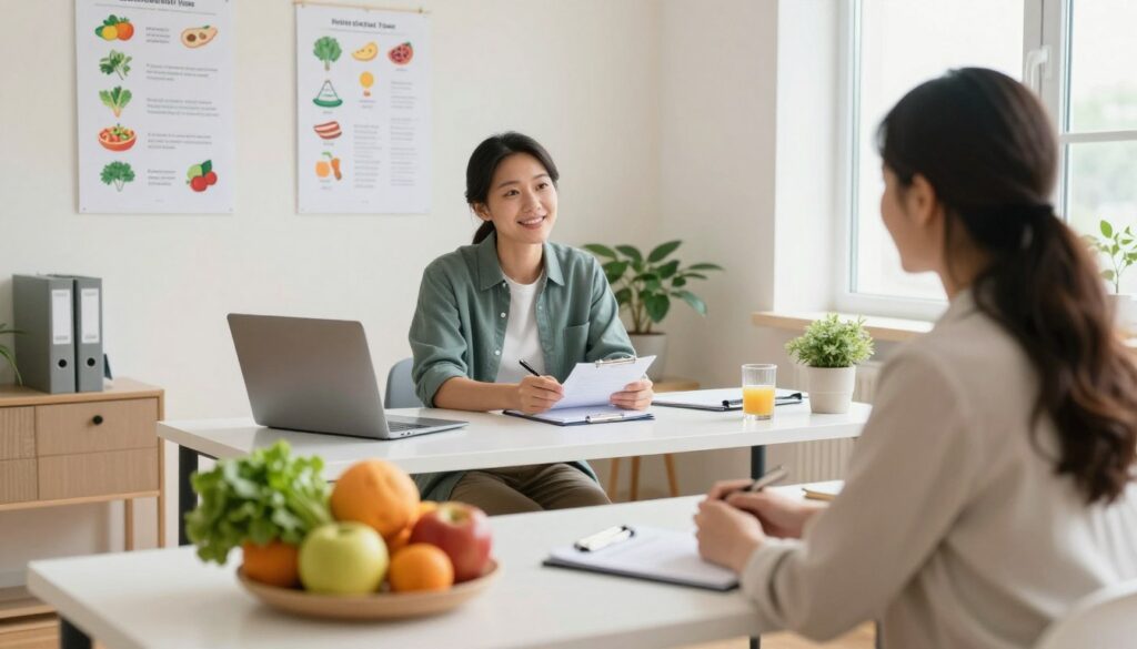 A well-lit, inviting office space designed for nutritional consultations. In the foreground, a professional dietitian, wearing business casual attire, is seated at a desk adorned with fruits, vegetables, and dietary reference materials. The middle area features a consultation table where a client listens attentively, holding a notepad with notes. On the wall behind them are charts depicting healthy eating habits and nutritional guidelines, softly illuminated by natural light streaming through a window. The atmosphere is warm and friendly, encouraging open communication about dietary consultations. The scene is captured with a slight tilt for a dynamic perspective, creating an engaging view that embodies the essence of professional dietary advice.