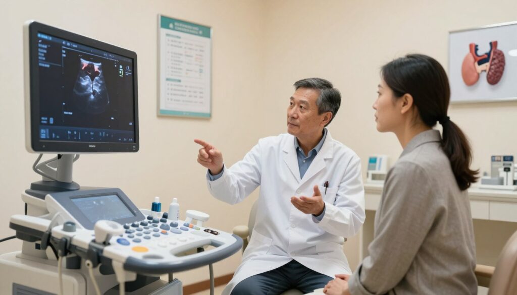 A well-lit medical examination room featuring a thyroid ultrasound machine in the foreground, with a high-definition ultrasound screen displaying a thyroid scan. The middle ground showcases a healthcare professional, wearing a lab coat, explaining the ultrasound results to a patient, who is dressed in professional business attire, looking attentive yet relaxed. In the background, soft lighting creates a calming atmosphere, with medical charts and a model of the human thyroid on the wall. Use a wide-angle lens perspective to capture the interaction and details of the room, emphasizing a reassuring and informative environment. The mood should be focused yet welcoming, highlighting the importance of understanding medical terminology in a non-intimidating manner.