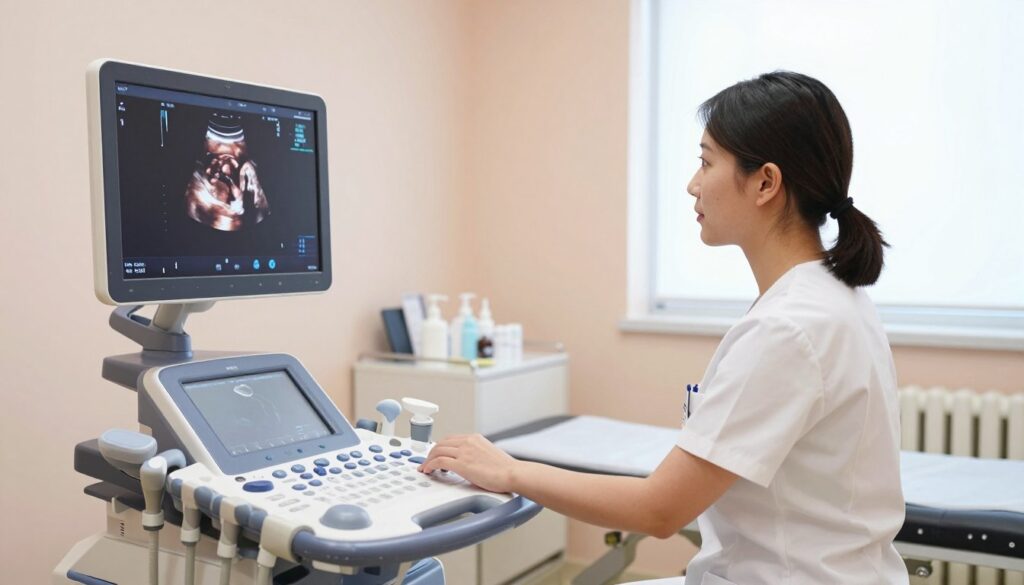 A well-lit medical examination room, featuring an ultrasound machine prominently in the foreground, showcasing its 3D/4D capabilities with a clear and detailed display screen showing a developing fetus. In the middle ground, a healthcare professional, dressed in a clean, professional outfit, is preparing the machine for an ultrasound session, attentively ensuring everything is set for optimal imaging quality. Various medical instruments and supplies are organized neatly on a nearby table. The background includes calming pastel-colored walls and a large window allowing soft natural light to fill the room, creating a serene, reassuring atmosphere. The overall mood is professional yet inviting, indicative of the importance of preparation for quality imaging.