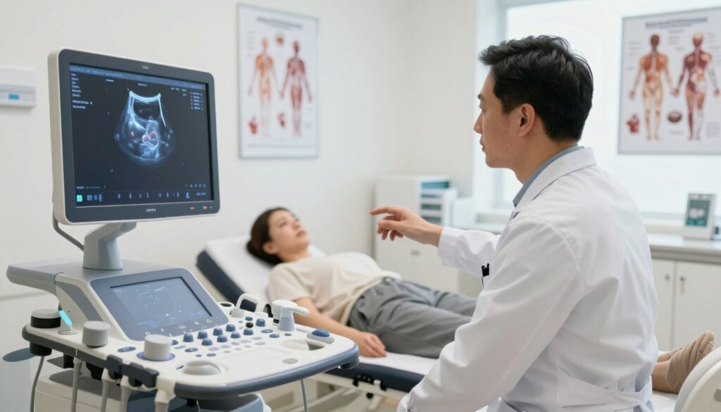 A well-lit medical examination room showcasing a thyroid ultrasound in action. In the foreground, a modern ultrasound machine displays a clear image of a thyroid gland on its screen, with soft blue and white tones illuminating the setup. In the middle ground, a healthcare professional in a white lab coat attentively examines the scan, illustrating focus and precision, while a patient, dressed in a modest casual outfit, lies comfortably on the examination table. The background features medical charts and anatomy posters on the walls, enhancing the clinical atmosphere. The overall mood is professional and reassuring, depicting a thorough examination process, emphasizing the importance of detecting thyroid abnormalities. The scene is bright with natural light flowing in, creating a warm yet clinical environment.
