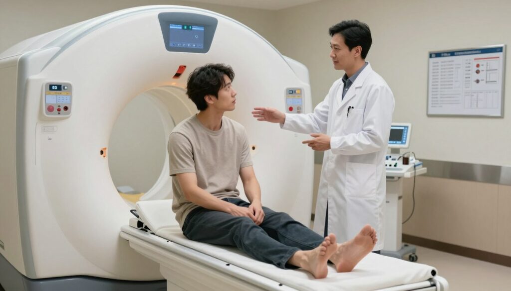 A well-lit, modern medical examination room focusing on a patient preparing for an MRI scan of the head. In the foreground, a patient in modest casual attire sits on an examination table, looking slightly anxious but composed. The middle ground features an MRI machine with sleek, advanced design, showcasing its interior chamber. A healthcare professional, dressed in a white lab coat, stands nearby, explaining the procedure with a reassuring expression. In the background, medical equipment and charts related to safety guidelines are visible. Soft, diffused lighting creates a calming atmosphere, and the angle slightly emphasizes the professional interaction between the patient and the healthcare provider. The overall mood is one of professionalism and care, capturing the essence of safety and precautions before the MRI exam.