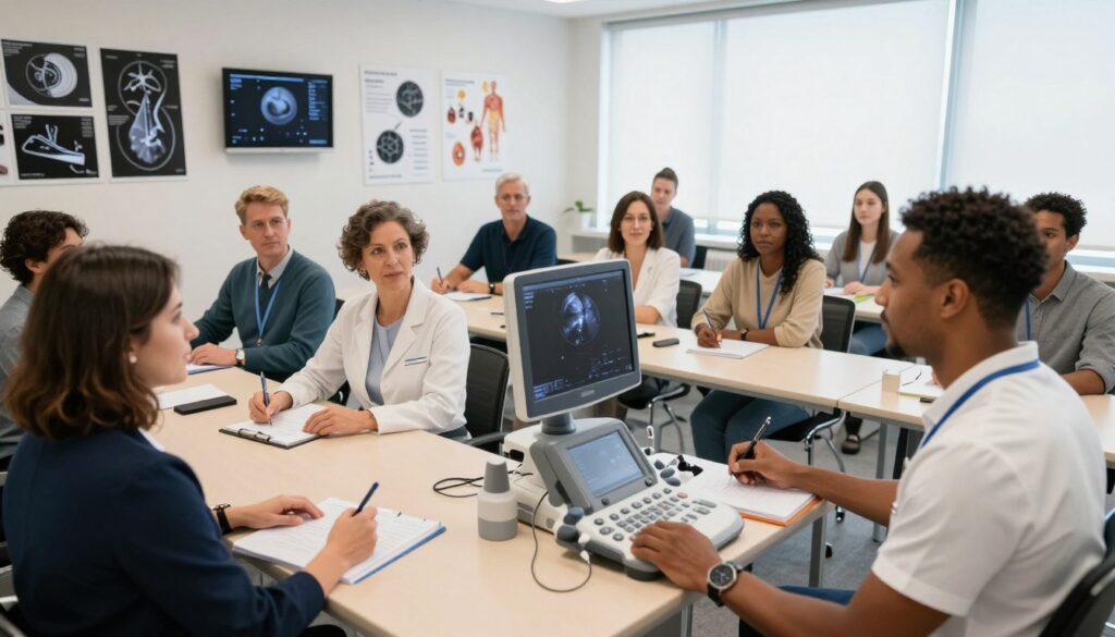 A well-lit, modern training room for ultrasound courses, featuring a diverse group of professionals attentively engaging in a hands-on learning session. In the foreground, a focused instructor, dressed in a professional outfit, demonstrates the use of an ultrasound machine to a small group of learners. The learners, a mix of genders and ethnicities, are dressed in smart casual attire, taking notes and interacting with the equipment. The room is equipped with medical images and anatomy charts on the walls, creating a scholarly atmosphere. The background showcases a large window letting in natural light, enhancing the learning environment. The overall mood is one of enthusiasm and collaboration, reflecting the importance of choosing the right ultrasound training.