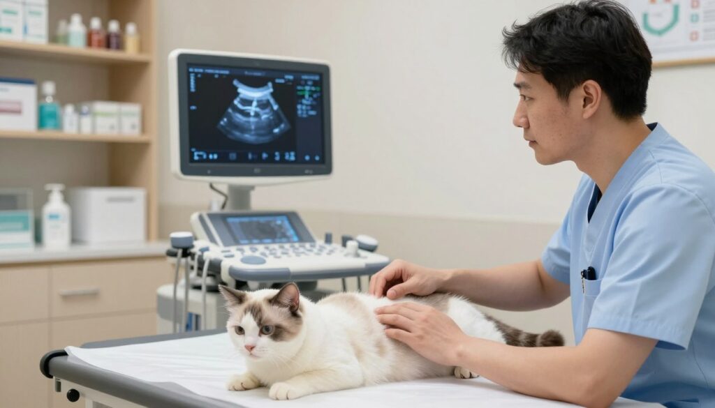 A well-lit veterinary office, focusing on a veterinarian in professional attire gently performing an abdominal ultrasound on a cat, lying comfortably on an examination table. The foreground captures the veterinarian's concentrated expression, highlighting their expertise and care. In the middle, the ultrasound machine displays an image of the cat's abdomen, with soft blue hues illuminating the screen. The background features shelves stocked with medical supplies and a soothing color palette, creating a calm atmosphere. The scene is captured from a slightly elevated angle, ensuring a clear view of the examination process and the surrounding environment. The overall mood is professional yet compassionate, emphasizing the importance of veterinary care.