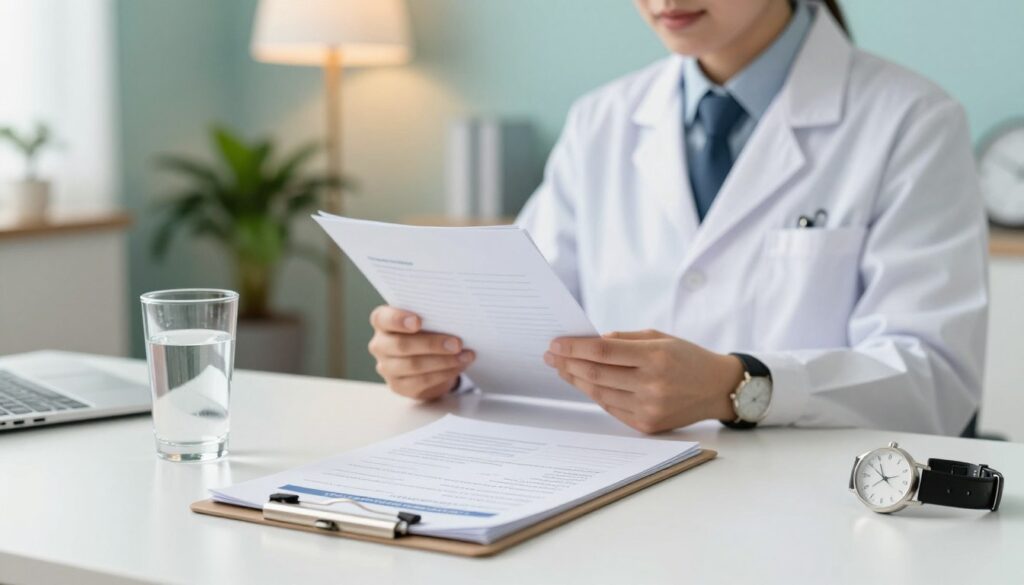 A well-organized and serene room designed for medical preparation, focusing on a clean and calm atmosphere. In the foreground, a neatly arranged table displays a clipboard with an informational brochure about medical procedures, a glass of water, and a watch indicating the time. In the middle ground, a professional-looking person in business attire is examining a checklist, displaying a focused yet relaxed demeanor, readying themselves for a day of medical appointments. In the background, soft lighting creates a gentle ambiance, with soothing colors on the walls, plants, and a clock ticking patiently. The image conveys a sense of thoughtful preparation and tranquility, embodying the theme of self-care before medical examinations.