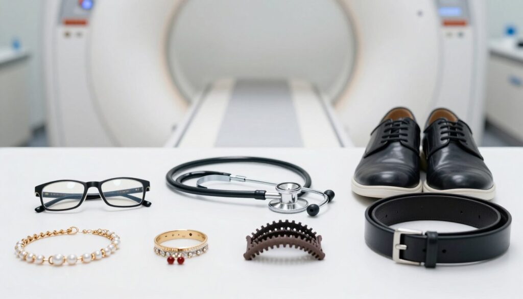 A well-organized flat lay image showcasing essential items to remove before an MRI scan. In the foreground, neatly arranged personal items like eyeglasses, jewelry, hair accessories, and a belt, all placed on a crisp white background. In the middle section, there is a stethoscope and a pair of shoes, emphasizing the medical environment. The background has a soft focus of an MRI machine, creating a professional and clinical atmosphere. The lighting is bright and even, highlighting the details of each item without harsh shadows. The overall mood is calm and informative, designed to convey clarity and preparation for an MRI appointment.
