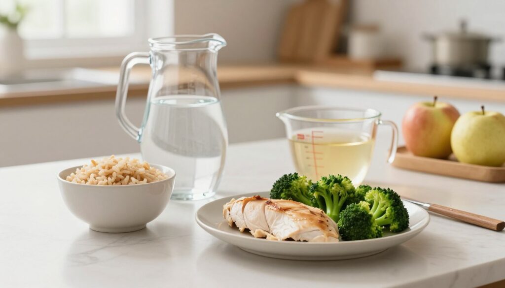 A well-organized kitchen table set for a balanced meal, showcasing a variety of healthy foods suitable for a day before an abdominal ultrasound. Foreground: a neatly arranged plate with boiled chicken breast, steamed broccoli, and a small bowl of brown rice. Middle ground: a pitcher of clear water, emphasizing hydration, alongside a measuring cup filled with a light broth. Background: a softly lit kitchen with fresh fruits, such as apples and pears, visible. Natural light filters through a window, creating a calm and serene atmosphere. Use a shallow depth of field to focus on the food items while gently blurring the surroundings, inviting a sense of preparation and mindfulness in diet.