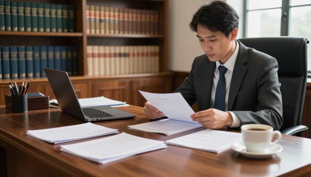 A well-organized office space representing a parliamentary office, featuring a polished mahogany desk with official documents, a laptop, and a cup of coffee. In the foreground, a professional individual dressed in formal business attire is reviewing papers, showcasing a sense of diligence and responsibility. In the middle ground, shelves filled with books and legislative resources are visible, adding depth and context. The background includes a large window with natural light streaming in, casting warm shadows across the room. The atmosphere is focused and productive, ideal for the important work of managing a parliamentary office. Utilize soft, ambient lighting to enhance the professional mood, captured from a perspective that emphasizes the workspace's functionality and organization.