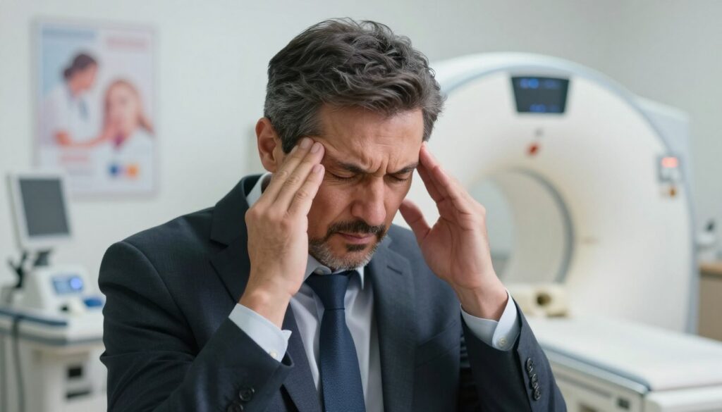 A worried individual, a middle-aged man in a professional business suit, holds his head in a well-lit, modern doctor's office, conveying the emotion of suffering from a headache. The foreground features his furrowed brow and tense expression, while the middle background showcases medical equipment, including an MRI machine, subtly hinting at the diagnostic process. In the background, a soft-focus view of medical posters and calming colors creates a reassuring atmosphere. The lighting is bright but gentle, illuminating the man's features while casting soft shadows that emphasize his distress. The image captures the seriousness of headaches as a symptom leading to medical evaluation, creating an inviting yet somber mood appropriate for a medical context.