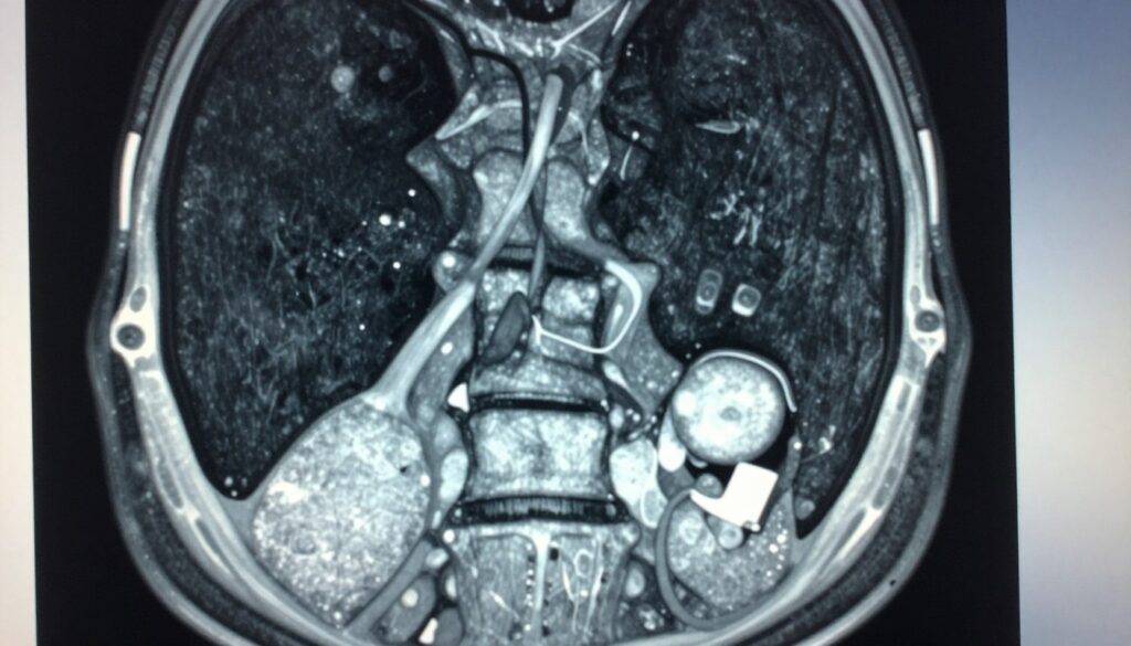 An MRI image of the thoracic spine, showcasing detailed cross-sections with clear visibility of intervertebral discs, spinal cord, and surrounding tissues. The foreground focuses on the intricate structure of the thoracic vertebrae, capturing signs of disc pathology, such as herniation and inflammation. In the middle ground, highlight nerve roots and potential compressions, with soft, diffused lighting emphasizing the textures. The background should be a subtle gradient, enhancing the clinical atmosphere, suggesting a medical examination environment. The overall mood is informative and clinical, suitable for a medical article, without any human subjects. The angle is slightly angled to provide a three-dimensional view of the spine, ensuring all anatomical details are accurately represented.