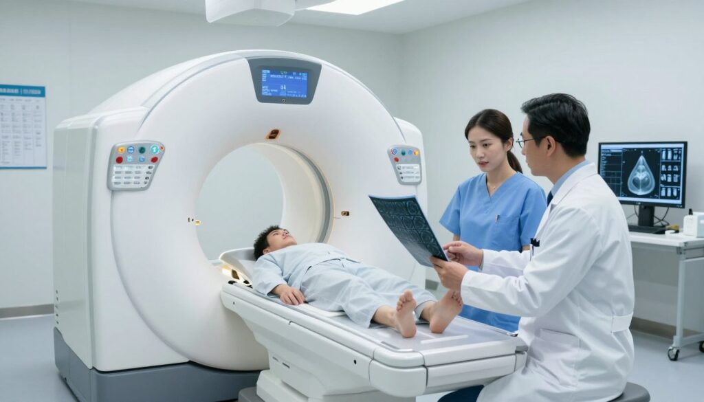 An advanced medical imaging room featuring a state-of-the-art CT scanner, clinically equipped and illuminated with soft, cool white lighting that instills a sense of safety and professionalism. In the foreground, a doctor in a lab coat and a technician in scrubs are discussing a patient's imaging results, highlighting teamwork in patient diagnosis. In the middle ground, the CT scanner gleams under the bright lights, showcasing its sophisticated design and technology. The background includes medical charts and a computer monitor displaying 3D images from a scan, reinforcing the high-tech atmosphere. The overall mood should convey reassurance and competence, suitable for a medical setting focused on patient safety and care. An advanced medical imaging room featuring a state-of-the-art CT scanner, clinically equipped and illuminated with soft, cool white lighting that instills a sense of safety and professionalism. In the foreground, a doctor in a lab coat and a technician in scrubs are discussing a patient's imaging results, highlighting teamwork in patient diagnosis. In the middle ground, the CT scanner gleams under the bright lights, showcasing its sophisticated design and technology. The background includes medical charts and a computer monitor displaying 3D images from a scan, reinforcing the high-tech atmosphere. The overall mood should convey reassurance and competence, suitable for a medical setting focused on patient safety and care.