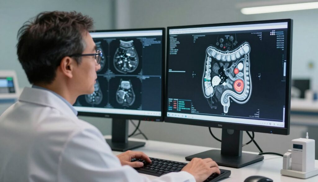 An advanced medical imaging scene showcasing a radiologist analyzing a detailed MRI scan of the abdomen, specifically focusing on the colon area. In the foreground, a professional, middle-aged radiologist dressed in a white lab coat, glasses perched on the nose, attentively studies the screen displaying cross-sectional images of the colon, highlighting any abnormalities or potential cancer indications. In the middle ground, a high-tech imaging workstation with large monitors displaying various imaging modalities, including MRI, CT, and ultrasound images, clearly labeled. The background features a modern hospital environment with ambient lighting creating a clinical yet calm atmosphere. Soft shadows and warm light enhance the technological feel, instilling a sense of professionalism and urgency in the medical evaluation process.