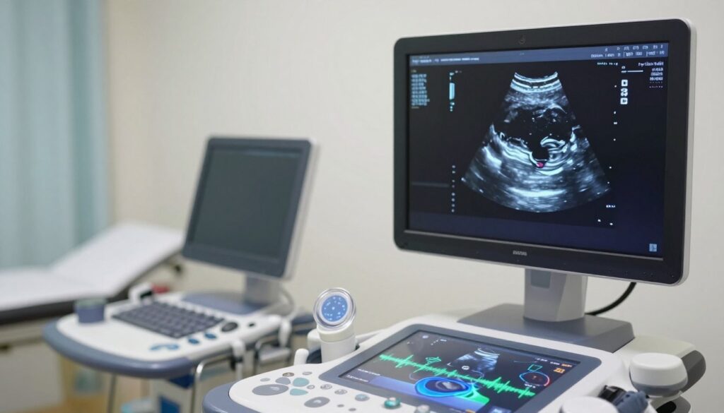 An advanced ultrasound device displaying sound waves in vibrant colors, illustrating the concept of ultrasound waves in action. In the foreground, a clear, detailed ultrasound transducer emits a series of blue and green sound waves, creating a dynamic ripple effect. In the middle ground, the image shows a monitor displaying a clear, detailed echographic image of human tissue, showcasing the interplay of sound waves and their reflection. The background includes a softly lit medical examination room with equipment that complements the clinical atmosphere. The lighting is bright but soft, emphasizing the technology while maintaining a calm and professional mood. This scene should convey the essence of how ultrasound works, focusing solely on the technology and its application.