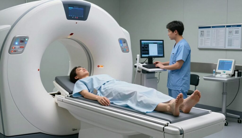 An engaging scene depicting a modern medical imaging room designed for shoulder MRI scans. In the foreground, an advanced MRI machine with a sleek, metallic finish and smooth white edges dominates the view, illuminated by soft, cool LED lighting. A patient, dressed in a modest hospital gown, lies calmly inside the machine, captured from a slightly elevated angle to emphasize the equipment's scale. The middle ground features a knowledgeable technician in professional attire, reviewing data on a computer screen with a focused expression, flanked by medical charts and diagnostic tools. The background shows the clean, organized layout of the imaging suite, with muted colors to convey a clinical yet welcoming atmosphere. The image evokes a sense of precision, safety, and technological advancement in healthcare.