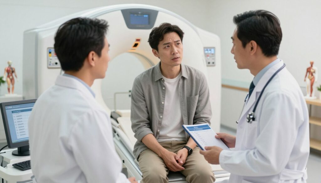 An informative scene depicting a doctor explaining the steps to prepare for a prostate MRI, showcasing a modern medical office. In the foreground, a professional male doctor in a white coat stands beside a digital screen displaying a detailed checklist for the preparation process, emphasizing clarity and professionalism. In the middle, a patient, dressed in modest casual attire, listens attentively, showing a mix of curiosity and concern. The background features medical equipment like an MRI machine and anatomical models, with soft, natural lighting illuminating the space, creating a calm and reassuring atmosphere. The composition should be balanced, focusing on the interaction between the doctor and patient, with a depth of field effect to emphasize their discussion.