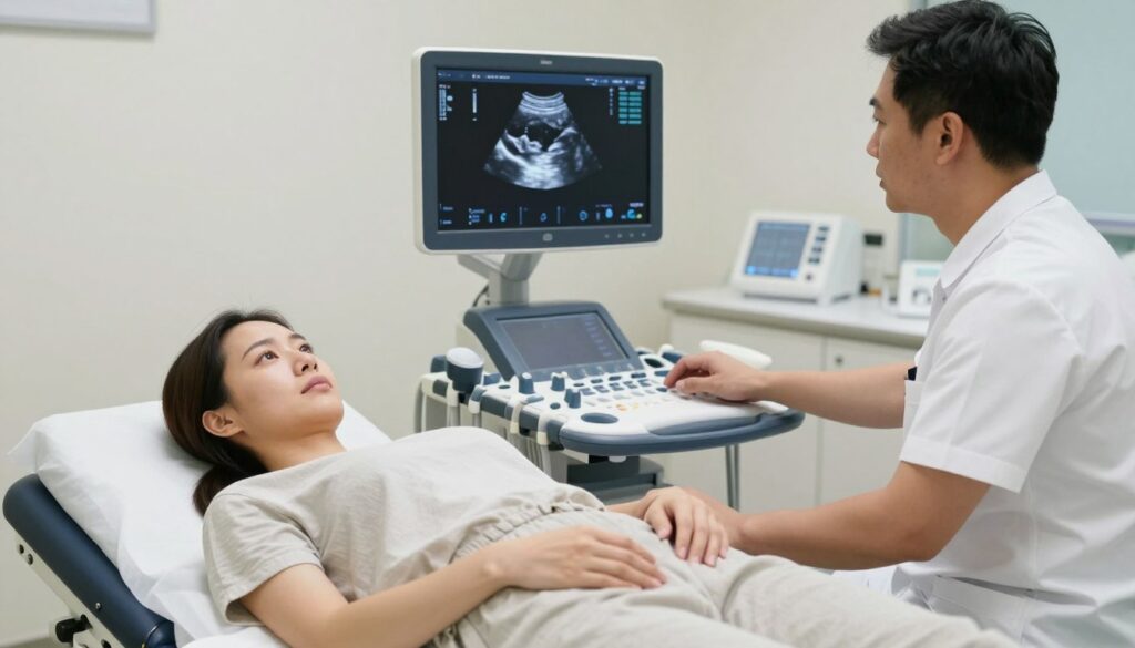 An ultrasound examination room focused on the diagnostic process of ectopic pregnancy. In the foreground, a female patient, dressed in modest casual clothing, is lying on the examination table, looking calm but slightly anxious. The ultrasound machine is prominently displayed beside her, with the technician, wearing professional attire, operating the device with a serious expression, focusing on the monitor. In the middle ground, a clear ultrasound image of a cross-section of the abdomen is visible on the screen, showcasing relevant anatomical structures for ectopic pregnancy diagnosis. In the background, soft, clinical lighting illuminates sterile medical equipment, creating a calm and professional atmosphere. The angle of the shot should be slightly tilted to emphasize the interaction between the technician and the patient. An ultrasound examination room focused on the diagnostic process of ectopic pregnancy. In the foreground, a female patient, dressed in modest casual clothing, is lying on the examination table, looking calm but slightly anxious. The ultrasound machine is prominently displayed beside her, with the technician, wearing professional attire, operating the device with a serious expression, focusing on the monitor. In the middle ground, a clear ultrasound image of a cross-section of the abdomen is visible on the screen, showcasing relevant anatomical structures for ectopic pregnancy diagnosis. In the background, soft, clinical lighting illuminates sterile medical equipment, creating a calm and professional atmosphere. The angle of the shot should be slightly tilted to emphasize the interaction between the technician and the patient.